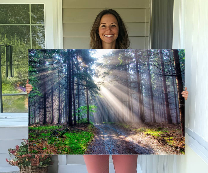 The dining area features a 3-panel Forest Path Canvas showcasing sun rays filtering through a misty forest.