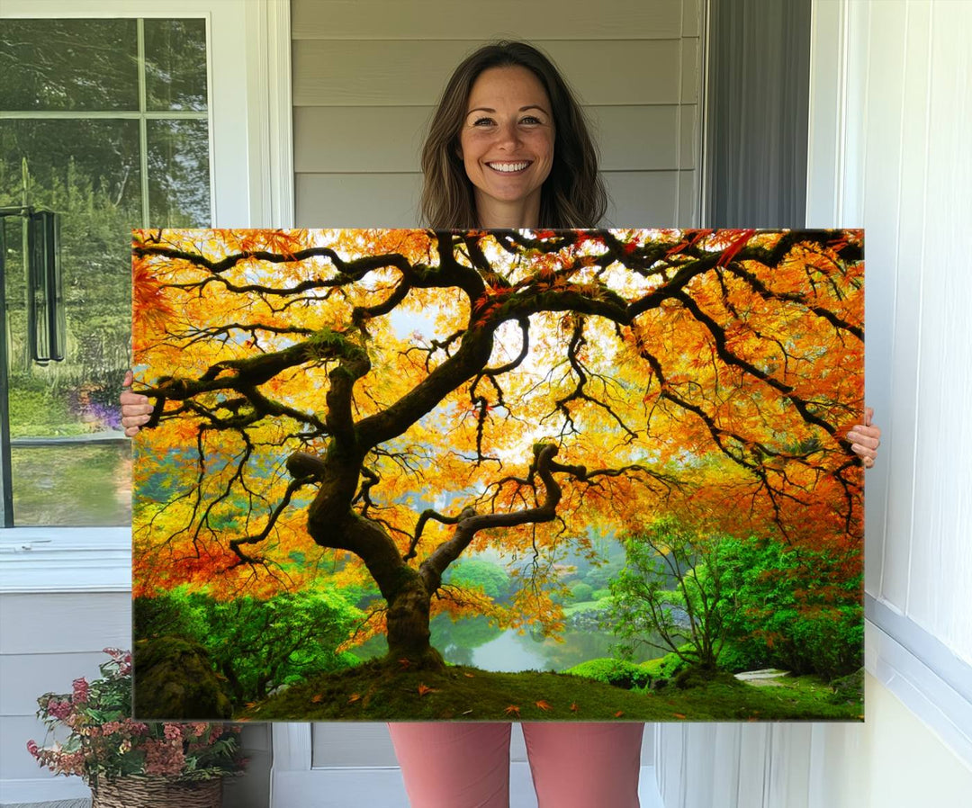 The Portland Japanese Maple Tree Canvas adds elegance to a modern living room.