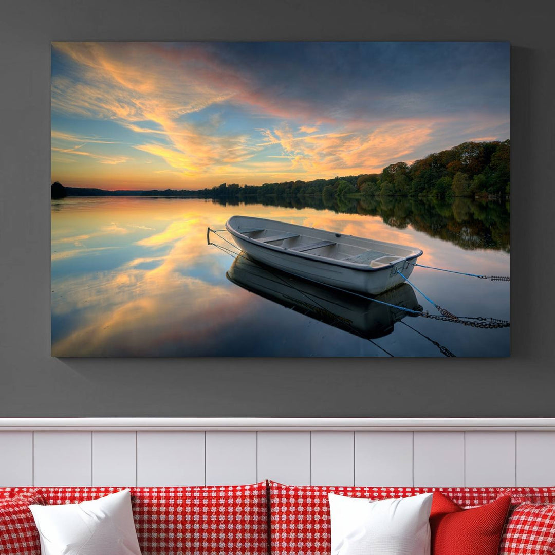 Serene Rowboat on Calm Lake Triptych Canvas Art, Giclee Wall Art of Peaceful Sunset Reflections, Tranquil Landscape Wall Art for Home or Office