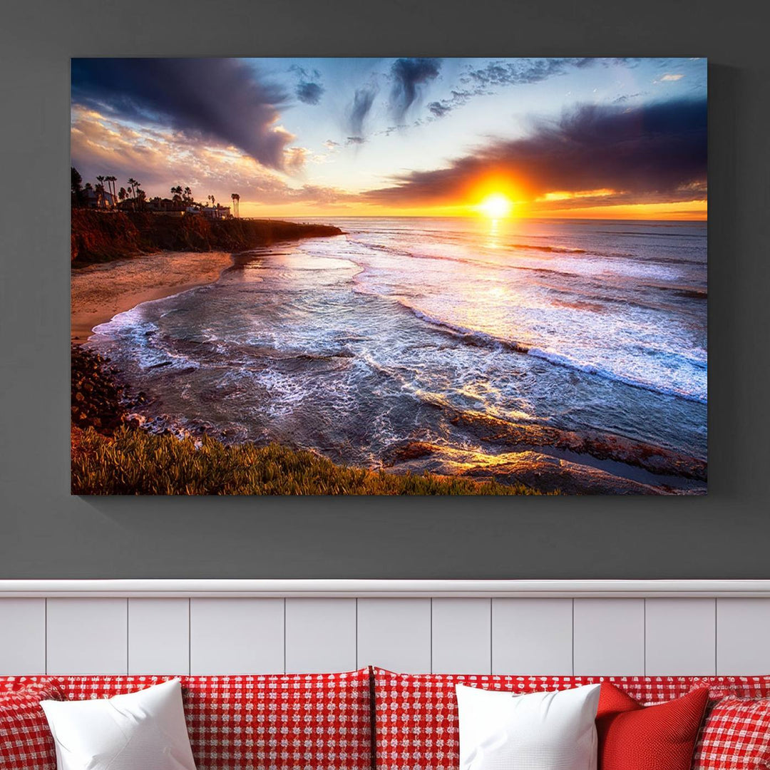 California Coastline Sunset Canvas Art, Ocean Waves Crashing on Cliffs, Giclee Canvas Print for Beach House Decor