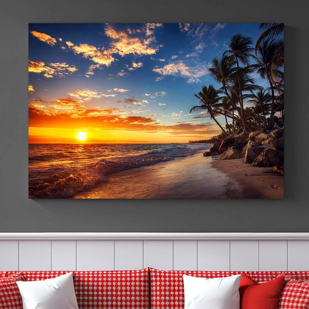 Tropical Beach Sunset Canvas Art, Palm Trees and Ocean Waves Wall Art, Giclee Print for Coastal Home Decor