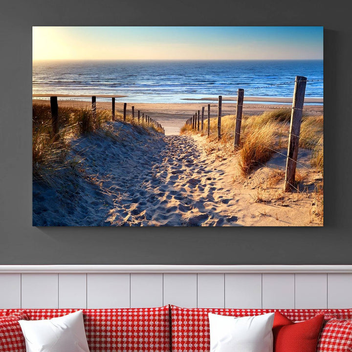 Tropical Beach Sunset Canvas Art, Ocean Waves and Sandy Shoreline Wall Art, Large Beach Decor for Coastal Homes