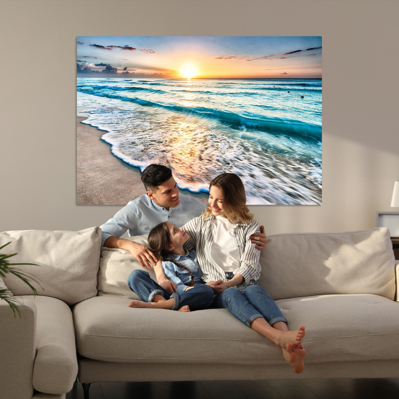 27815-MGV-CV-36X24-Sunset Beach Waves Canvas Wall Art – 5-Panel Ocean Sunset Print – Coastal Decor for Living Room or Bedroom – Ready to Hang