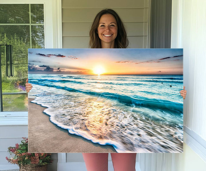 Ocean Beach Canvas coastal sunset artwork on the wall.