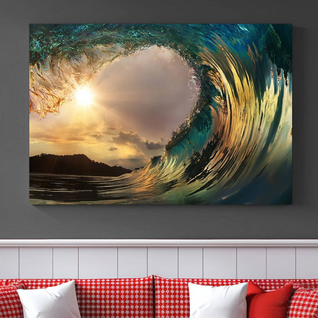 Surfing Big Wave on Ocean Canvas Wall Art Beach Canvas Sunset Artwork Print para sala de estar, decoración de la oficina en el hogar, arte de la pared de la playa, arte de la pared del mar