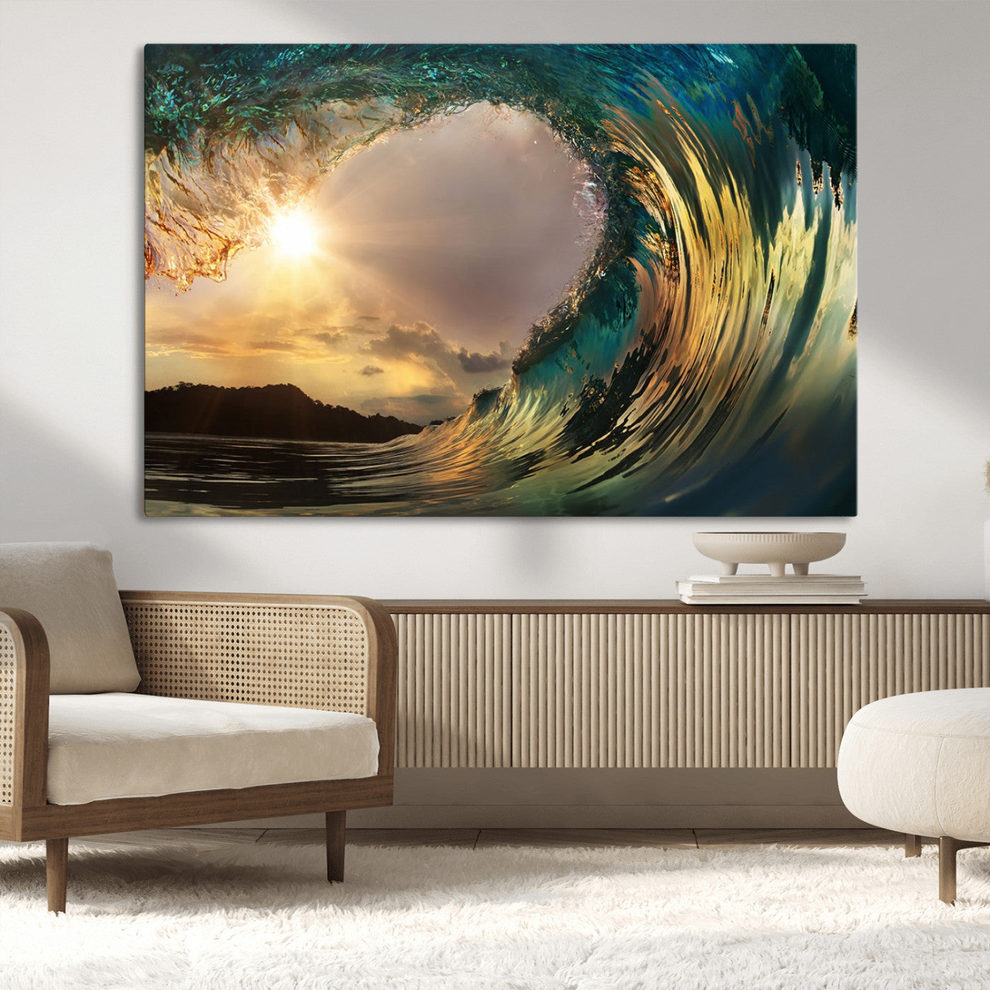 MGV-CV-36X24 - Golden Wave Sunset Giclee Canvas Print – Large Coastal Wall Art for Nature Lovers, Captivating Ocean Wave Decor