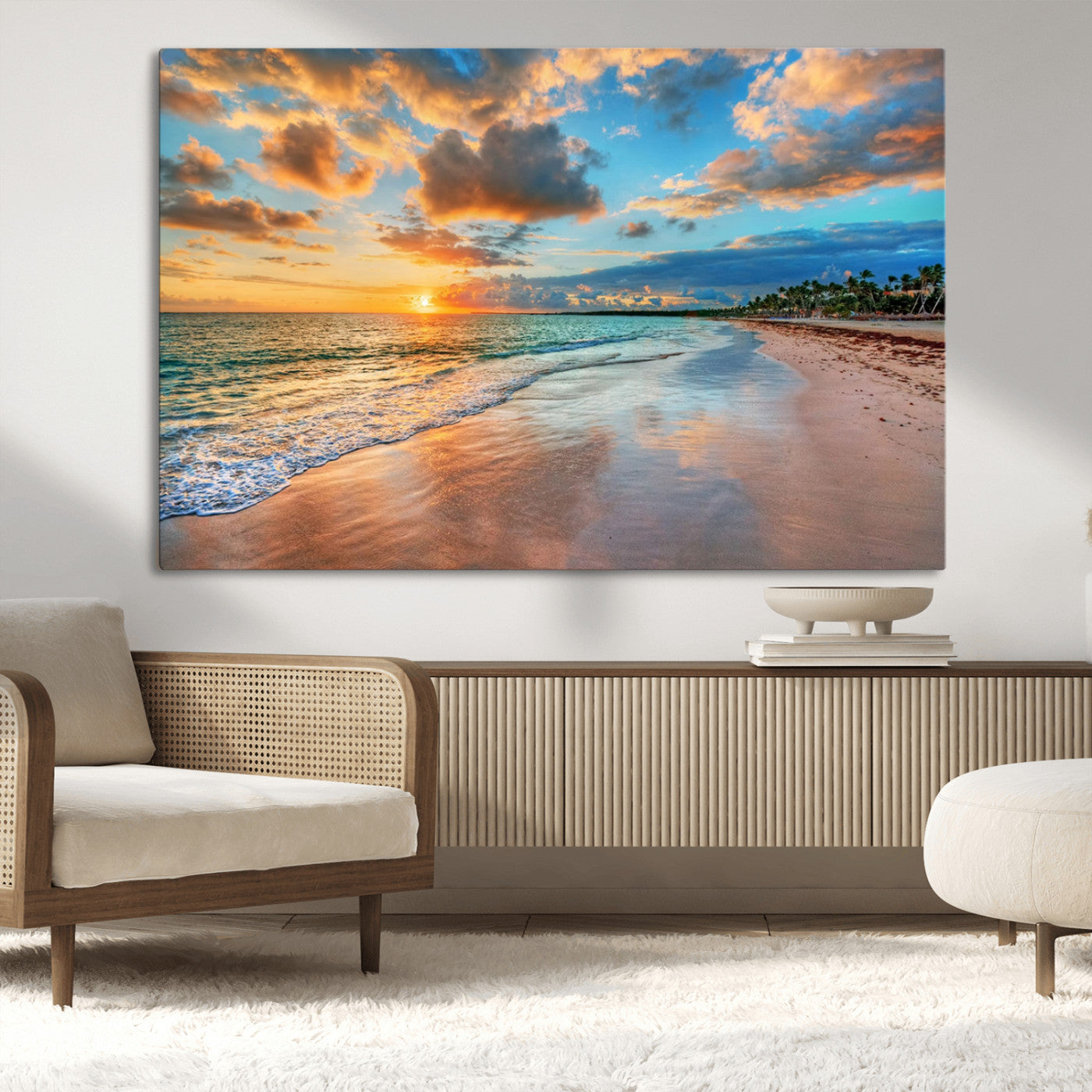 MGV-CV-36X24 - Sunset Ocean Waves on Tropical Beach, 3-Panel Giclee Canvas Art for Coastal Home Decor, Vibrant Palm-Lined Shore
