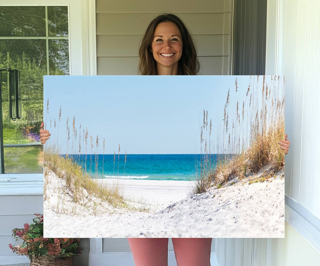 Serene Coastal Dune Path with Ocean View, 3-Panel Beach Canvas Art; tranquil seascape for coastal decor.