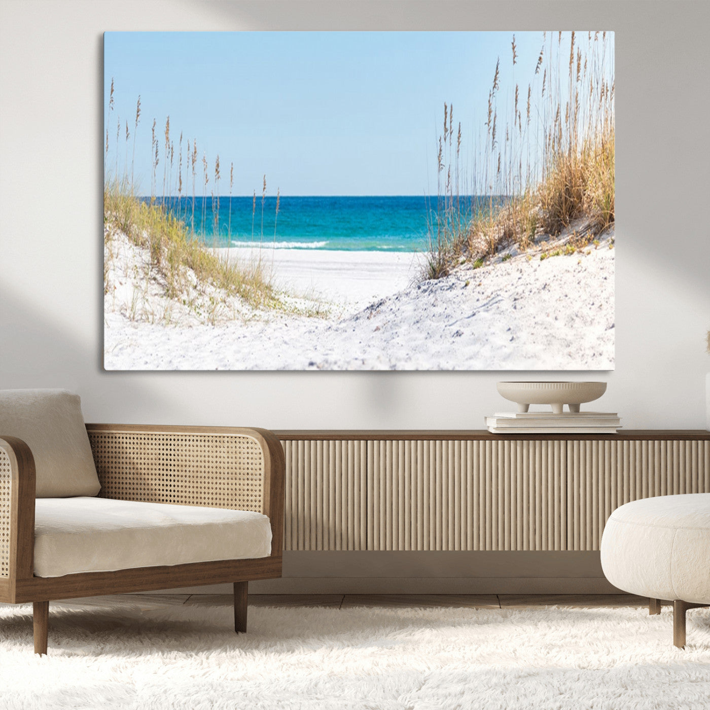 MGV-CV-36X24 - Serene Coastal Dune Path with Ocean View, 3-Panel Beach Canvas Wall Art, Tranquil Seascape Giclee Print, Gallery Wrap, Perfect for Coastal Home Decor