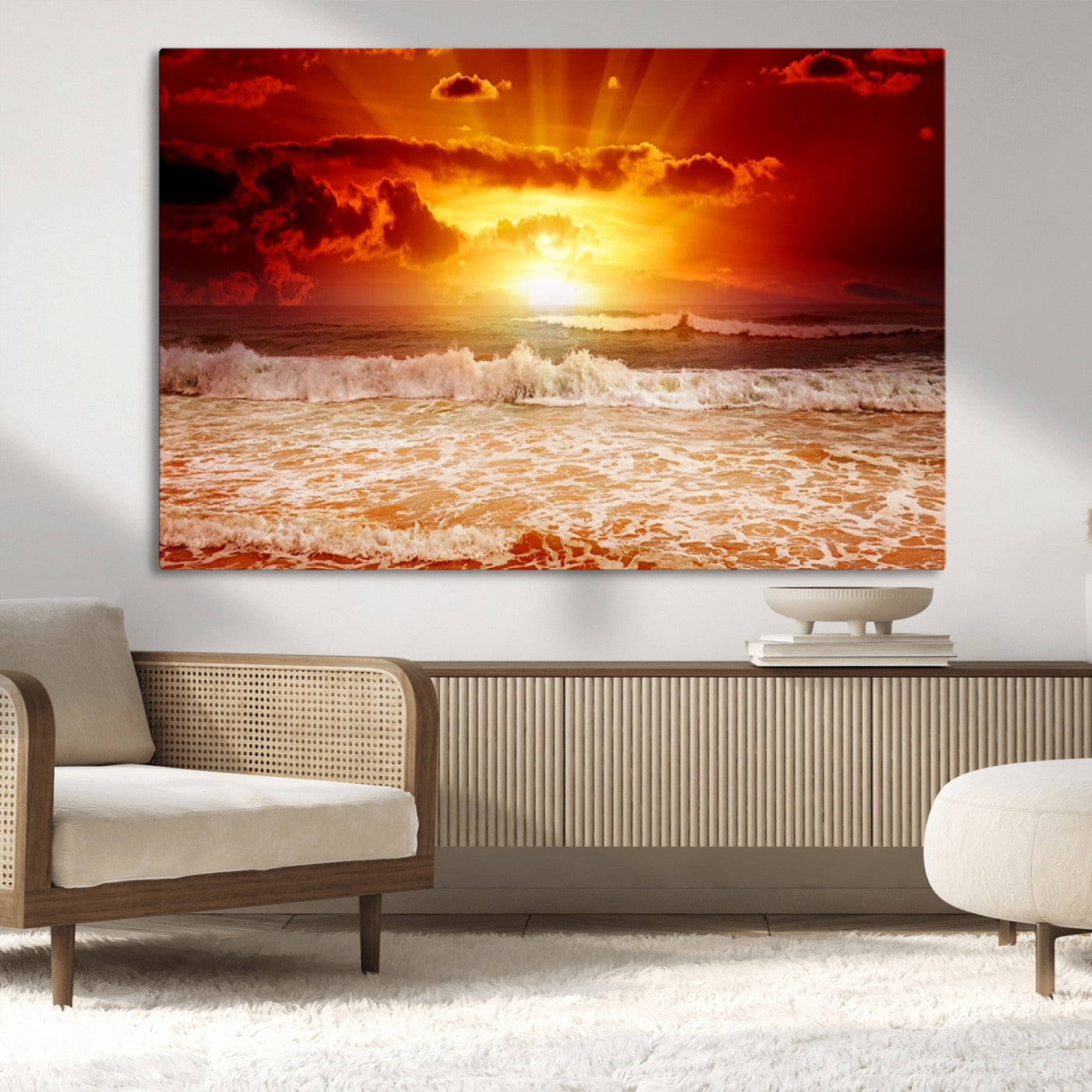 MGV-CV-36X24 - Red Sunset Ocean Beach Canvas Wall Art Beach Canvas, Coastal Sunset Print