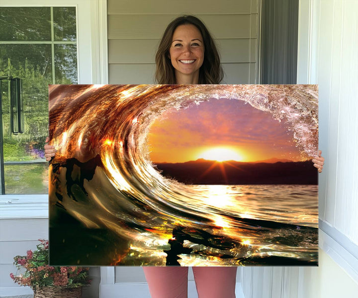 The Golden Wave Sunset Triptych Canvas Art showcases an ocean wave at sunset, casting warm light.