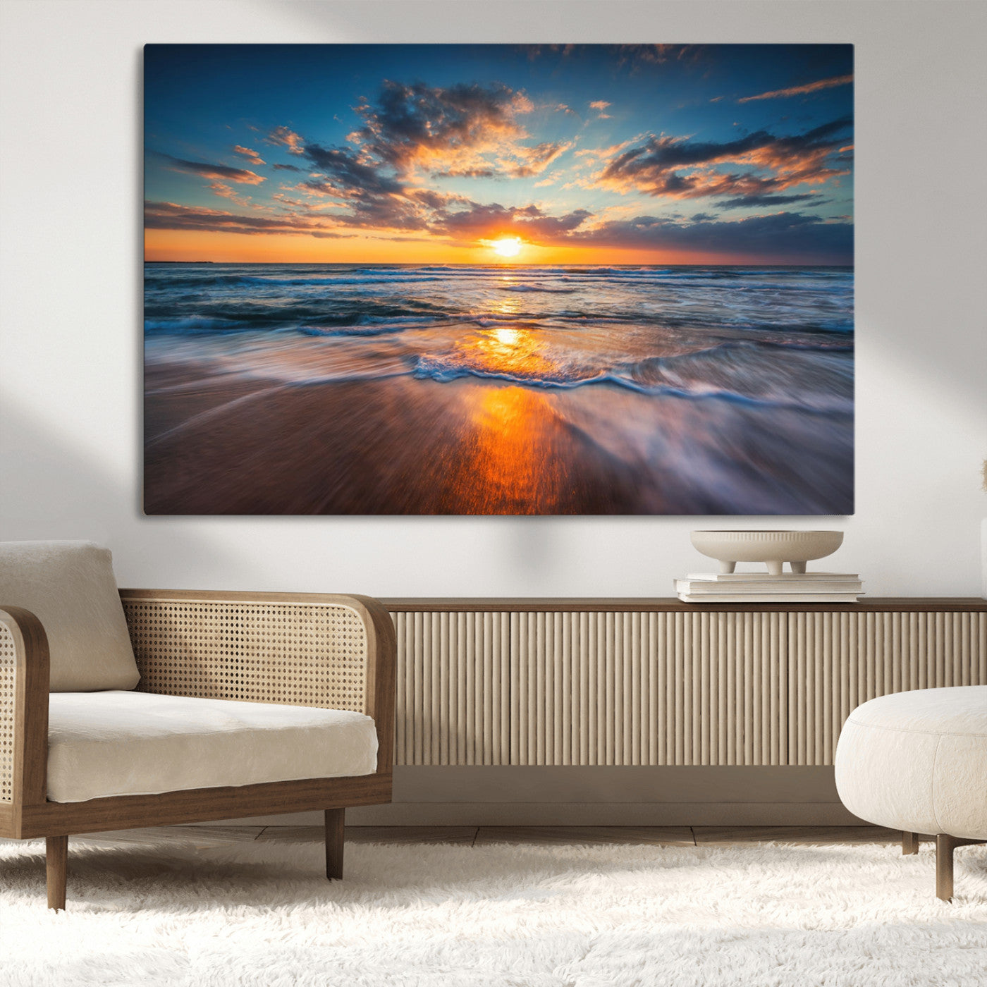 MGV-CV-36X24 - Sunset on the Ocean Beach with Waves, Reflections on Sand, Coastal Wall Art Print, Beach Wall Art, Ocean Sunset Canvas, Seascape Giclee Canvas Print