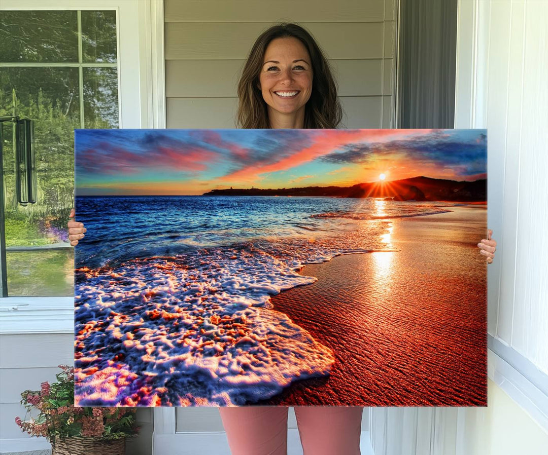 The Colorful Coastal Sunset on the Beach canvas print portrays ocean waves at dusk.