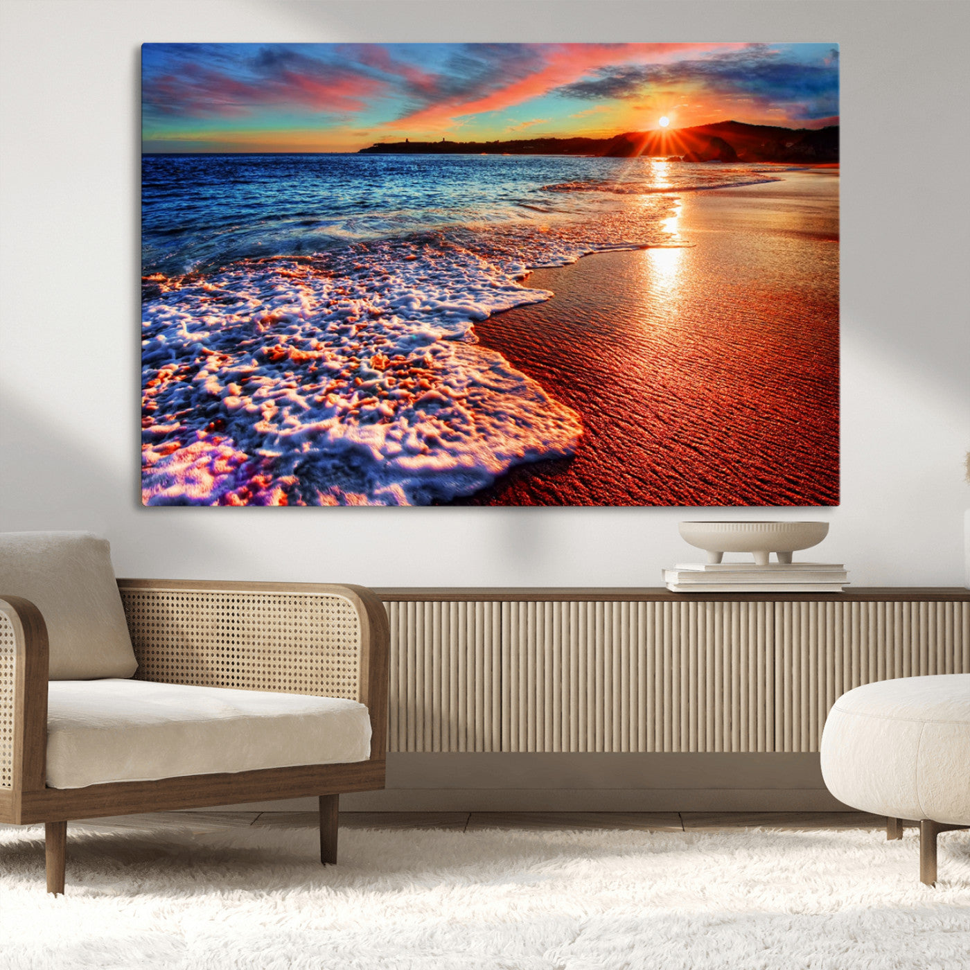 MGV-CV-36X24 - Colorful Coastal Sunset on the Beach Canvas Print, Ocean Waves Crashing at Dusk, Multi-Panel Seascape Vibrant Coastal Wall Art Canvas Print