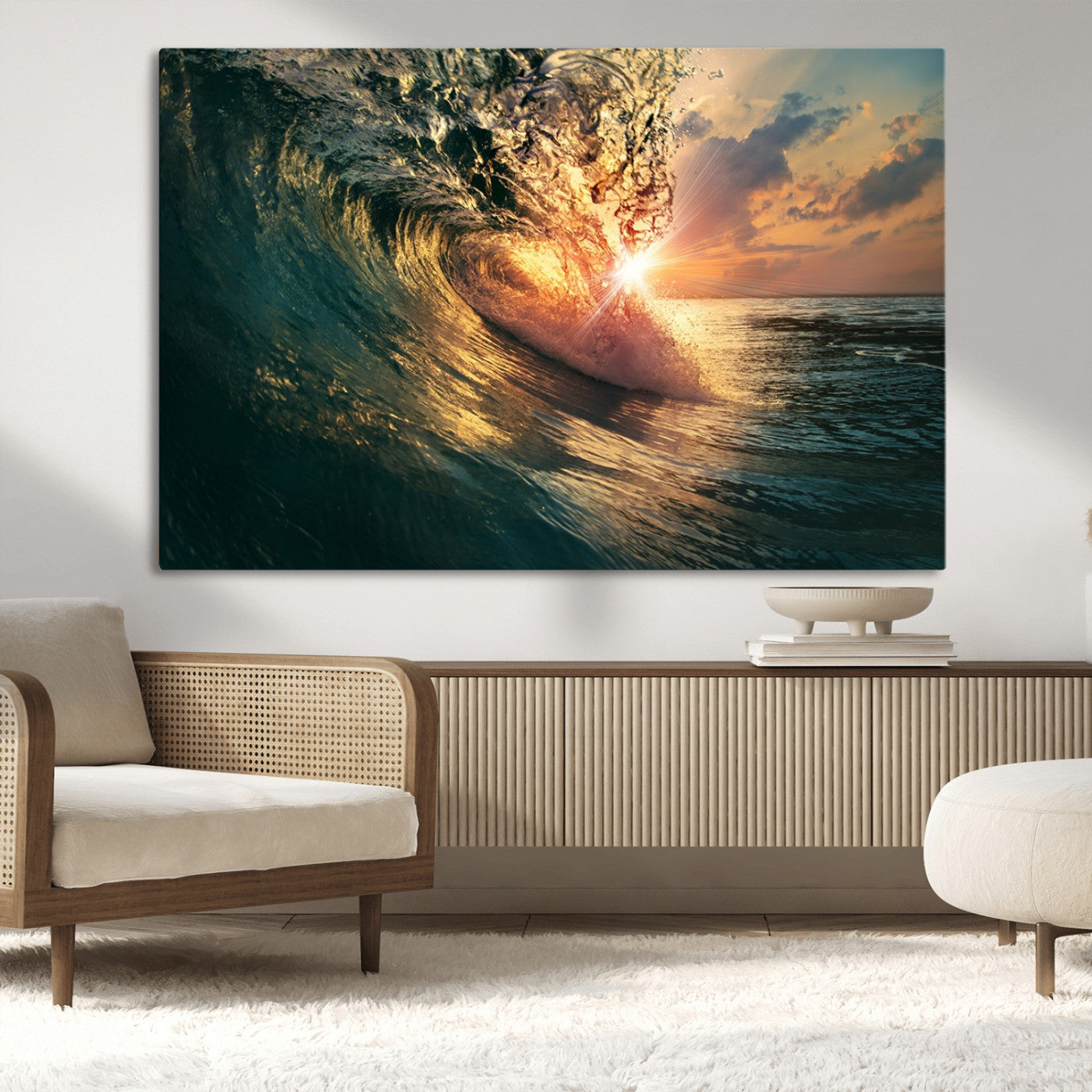 MGV-CV-36X24 - Ocean Wave Sunset Canvas Wall Art – Triptych Seascape Print – Framed and Ready to Hang for Living Room or Office