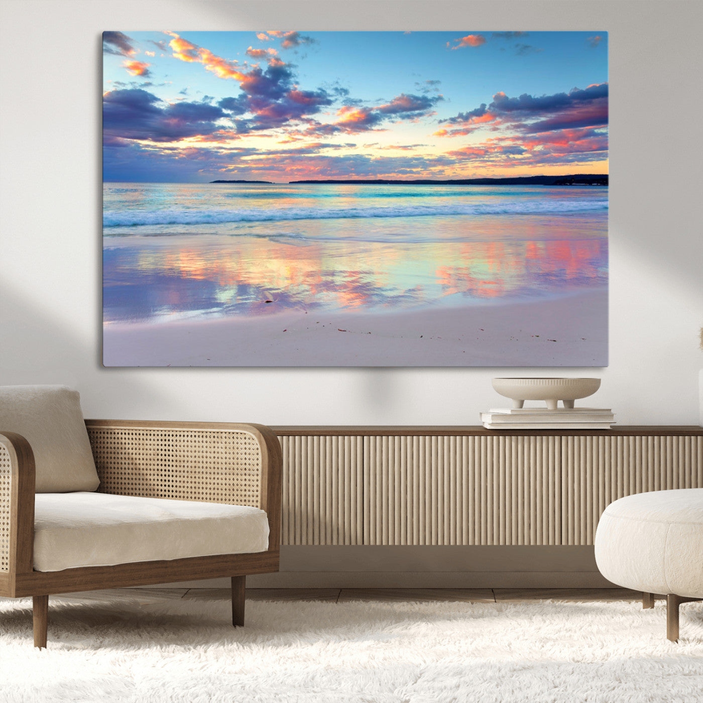 MGV-CV-36X24 - Tranquil Pastel Sunset Beach Triptych Canvas Art, Soothing Coastal Ocean Shoreline Giclee Print, Beach Reflections Wall Decor for Serene Spaces