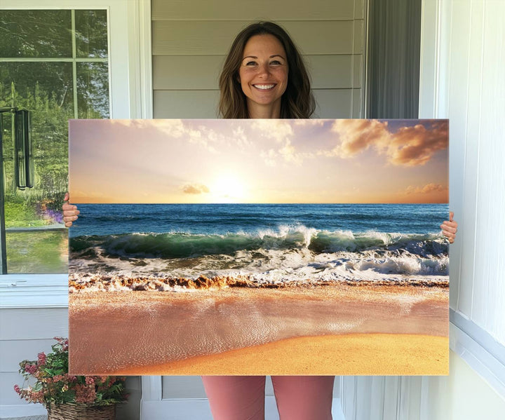 The wall features a Canon-quality Serene Beach Path canvas giclee print, depicting coastal dunes.