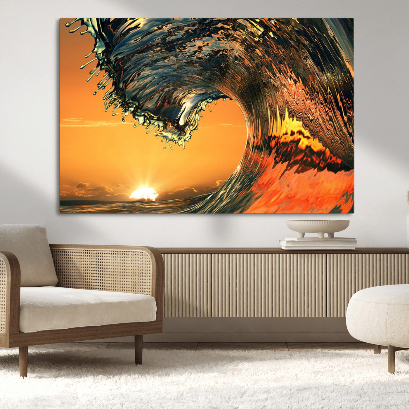 MGV-CV-36X24 - Surf Wave Sunset Canvas Wall Art Print, 3-Panel Ocean Coastal Wall Art Print, Ocean Decor for Coastal Homes, Living Room, Farmhouse Wall Decor