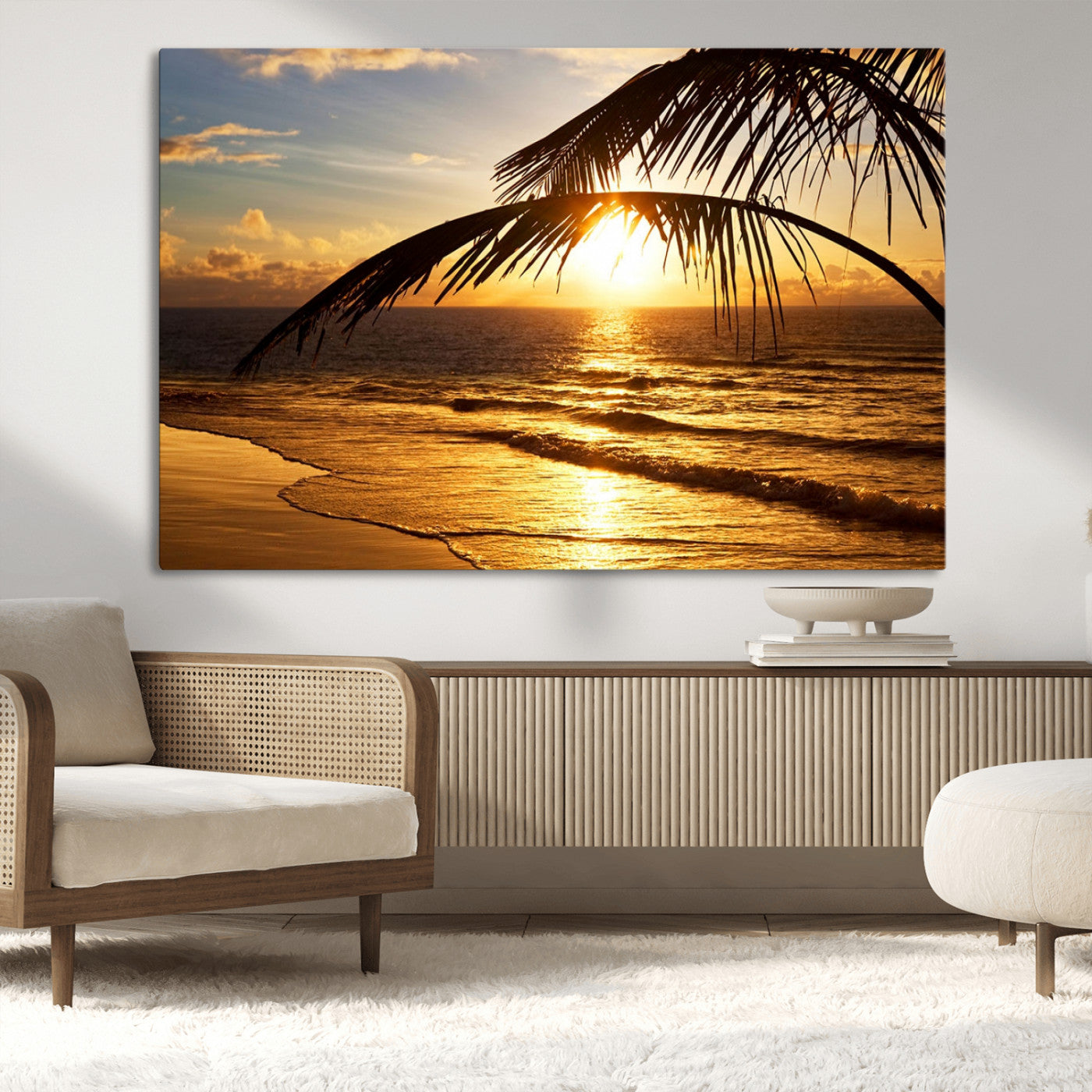 MGV-CV-36X24 - Golden Tropical Beach Sunset Canvas Triptych, Coastal Palm Tree Wall Art, Ocean Shoreline Giclee Print with Gallery Wrap