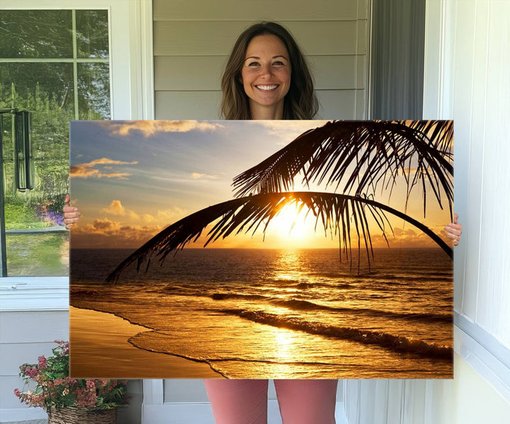 Golden Tropical Beach Sunset Canvas Triptych: Coastal Palm Art & Giclee Print with Gallery Wrap, capturing golden waves.