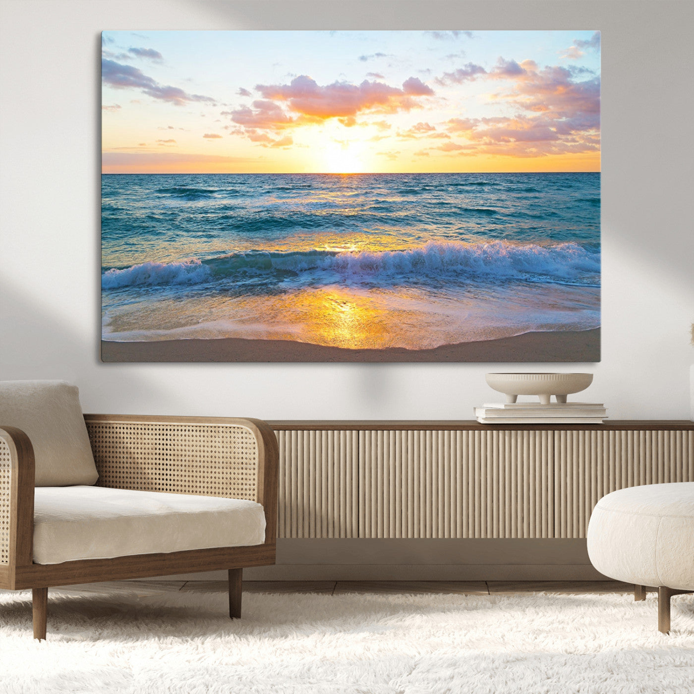 MGV-CV-36X24 - Ocean Sunset Triptych Canvas Wall Art, Giclee Beach Sunset Print with Gentle Waves, Coastal Art for Relaxation Spaces