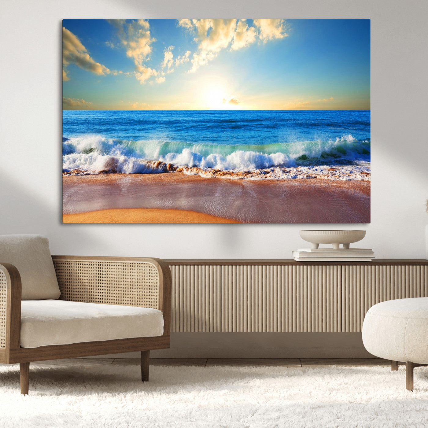 MGV-CV-36X24 - Tropical Beach Sunset Canvas Art, Ocean Waves and Sandy Shoreline Wall Art, Large Beach Decor for Coastal Homes
