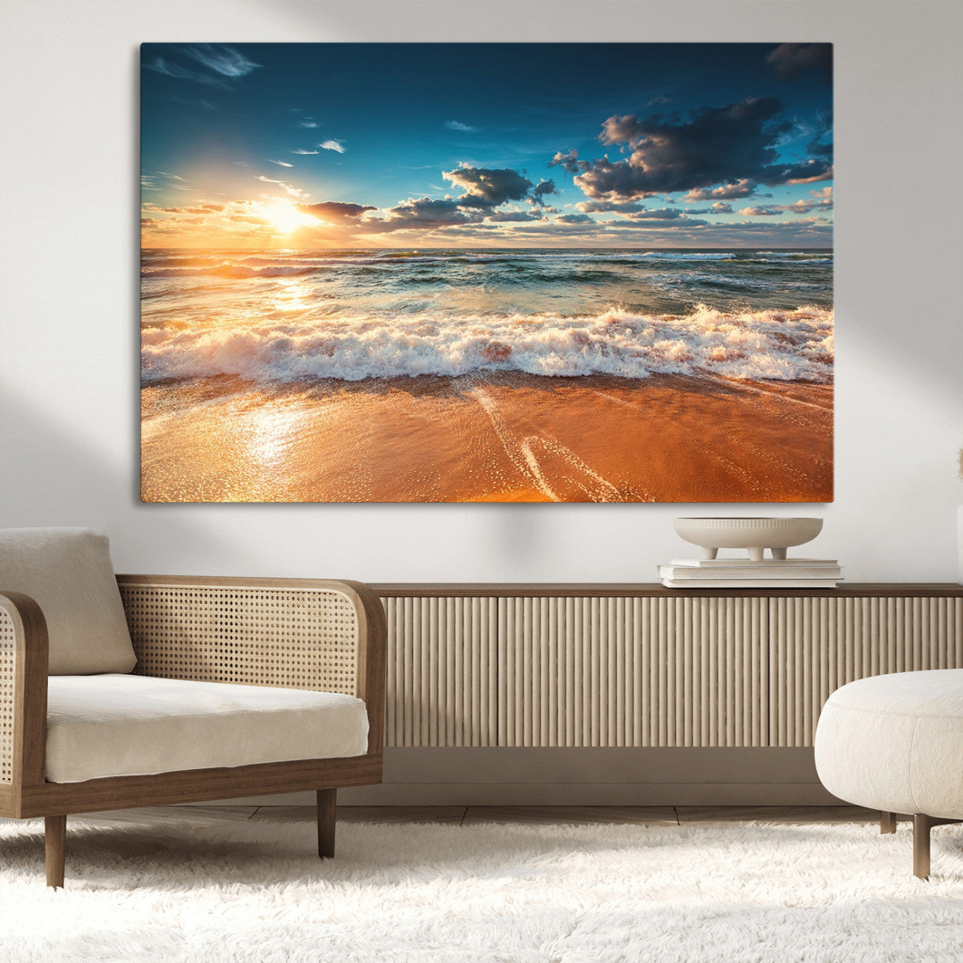 MGV-CV-36X24 - Golden Sunset Beach Triptych Canvas Art, Giclee Coastal Wall Decor, Ocean Waves Print, Modern Beach Scene for Home or Office