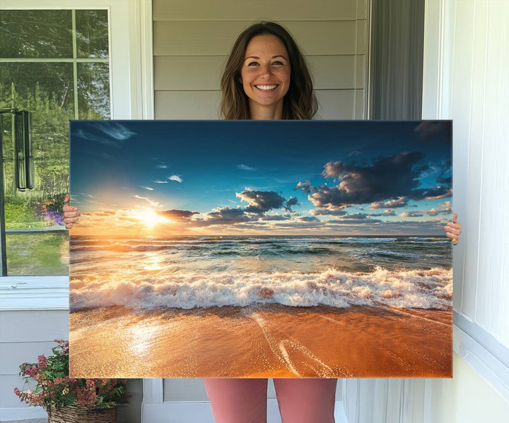 A Golden Sunset Beach Triptych Canvas Art hangs on a white wall.