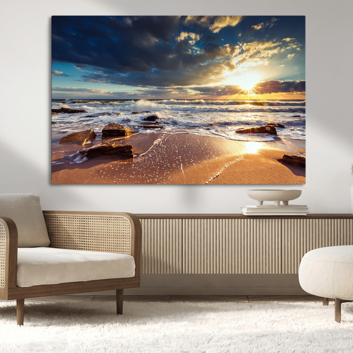MGV-CV-36X24 - Golden Hour Beach Sunset Canvas Triptych, Ocean Waves and Rocks Wall Art for Coastal Home Decor