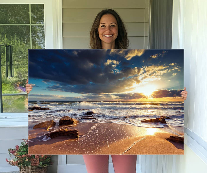 The Golden Hour Beach Sunset triptych adorns the wall with its captivating imagery.