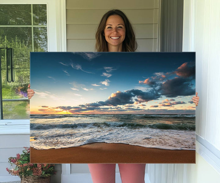 Ocean Beach Wall Art Canvas Print hangs prominently.