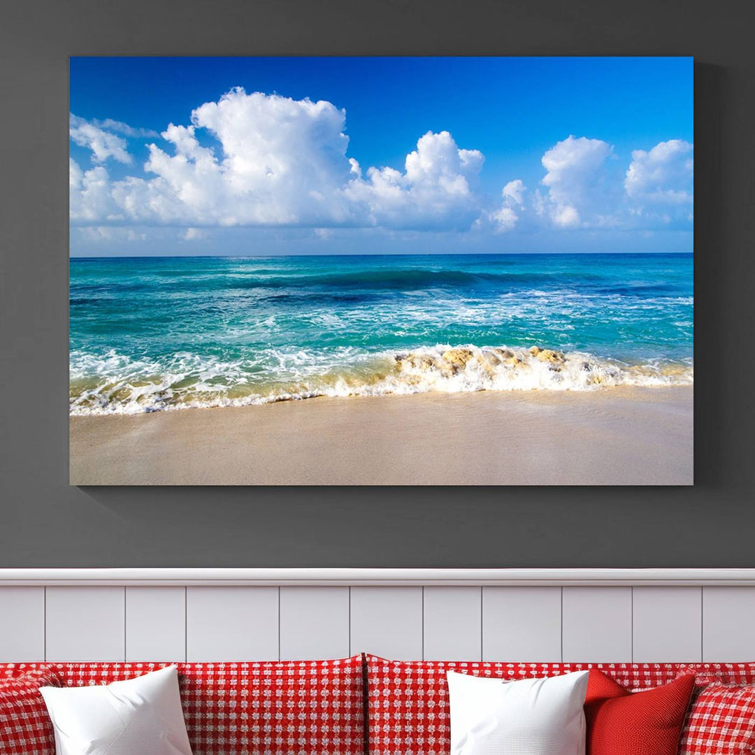 Tropical Beach 3-Panel Canvas Wall Art – Serene Ocean Waves and Blue Sky – Giclée Print for Living Room, Office, or Bedroom Coastal Decor