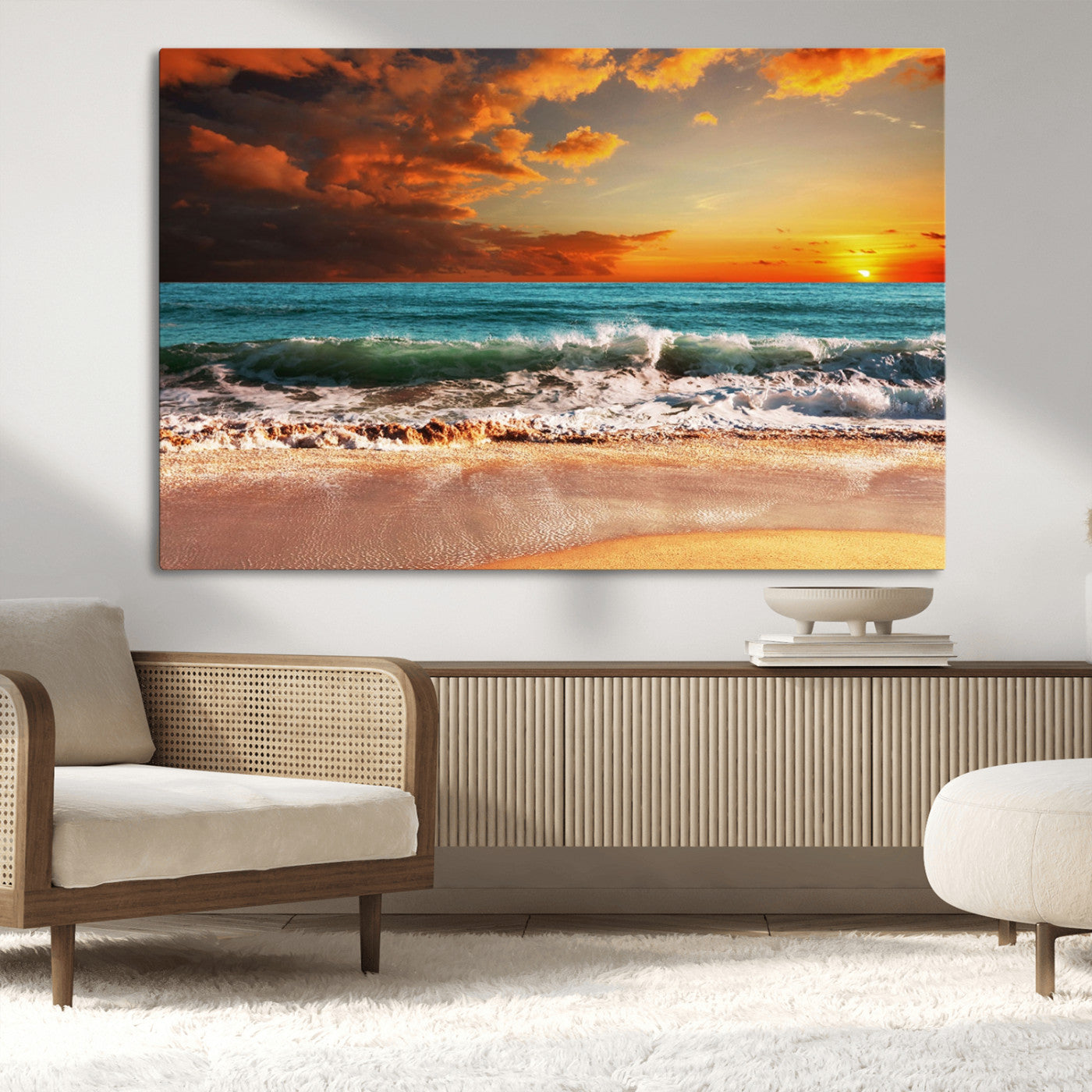 MGV-CV-36X24 - Golden Sunset Beach Canvas Wall Art – Triptych Seascape Print – Framed and Ready to Hang for Living Room or Office