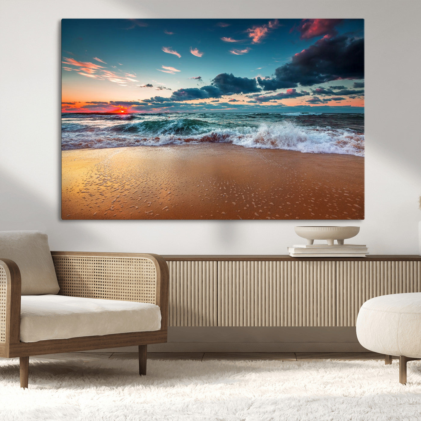 MGV-CV-36X24 - Sunset Ocean Beach Wall Art – Giclee Canvas Print, Coastal Seascape, Ready to Hang, Beach Decor, Large 3-Panel Set for Living Room