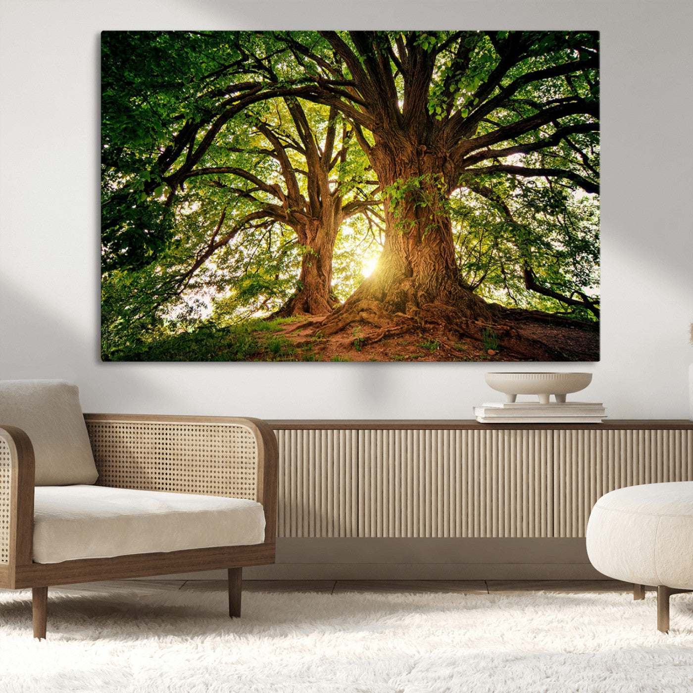 MGV-CV-36X24 - Majestic Ancient Tree Wall Art, Nature-Inspired Canvas Print, Woodland Art, Tree of Life Artwork, Sunlit Forest, Giclee Nature Print