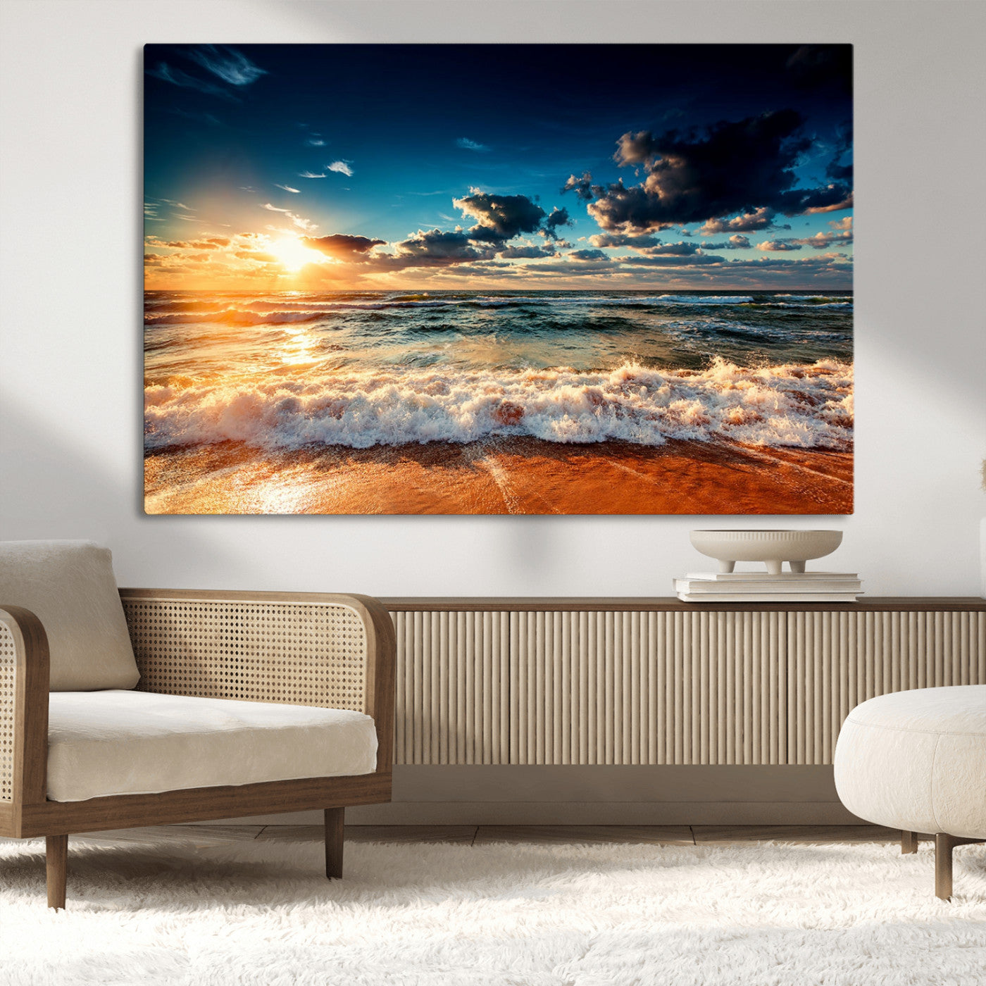 MGV-CV-36X24 - Golden Hour Sunset Over Ocean Waves Wall Art Canvas Print | 3 Panel Coastal Landscape Canvas Wall Art – Stunning Beach Photography Print