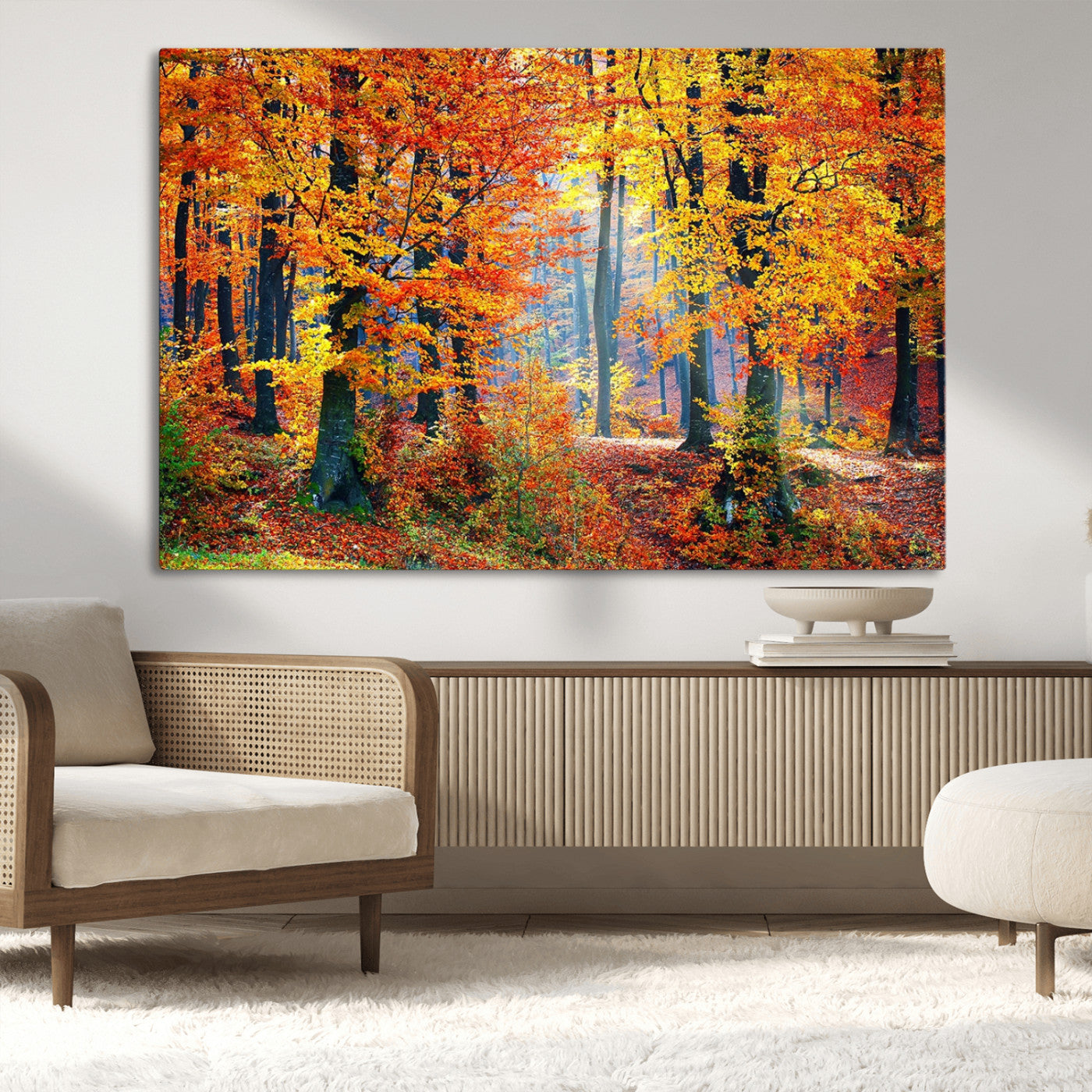 MGV-CV-36X24 - Autumn Red Forest Triptych Canvas Wall Art Print, Forest Wall Decor, Fall Landscape Art | Season Nature Landscape for Home or Office