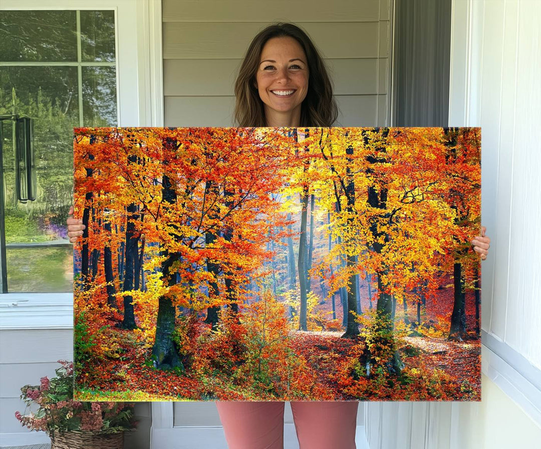 The room features an Autumn Red Forest Triptych Canvas Wall Art.