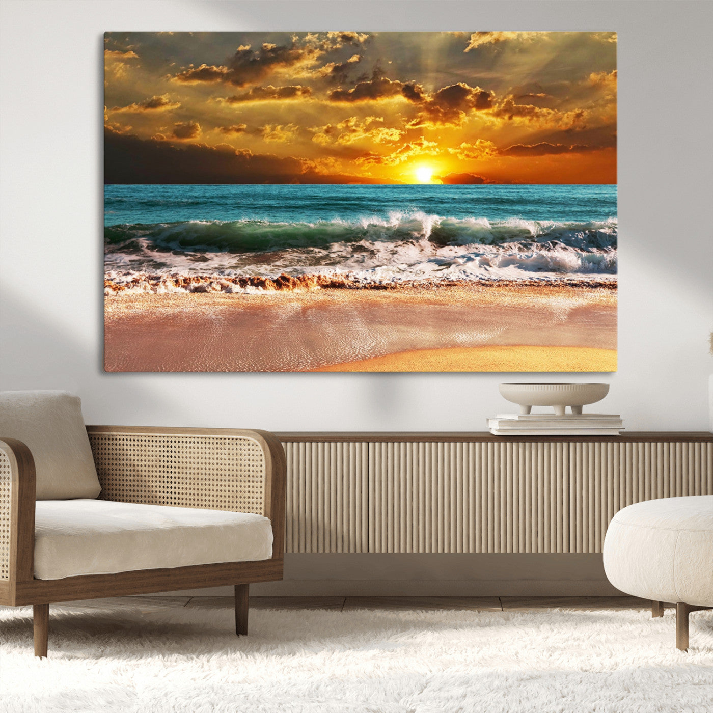 MGV-CV-36X24 - Golden Sunset Beach Canvas Wall Art – Triptych Seascape Print – Framed and Ready to Hang for Living Room or Office