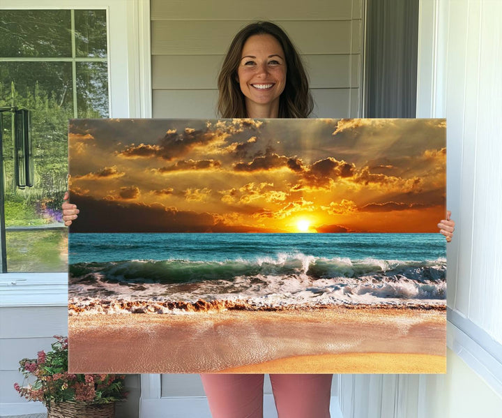 Golden Sunset Beach Canvas Triptych adorns the cozy room, creating a stunning focal point.