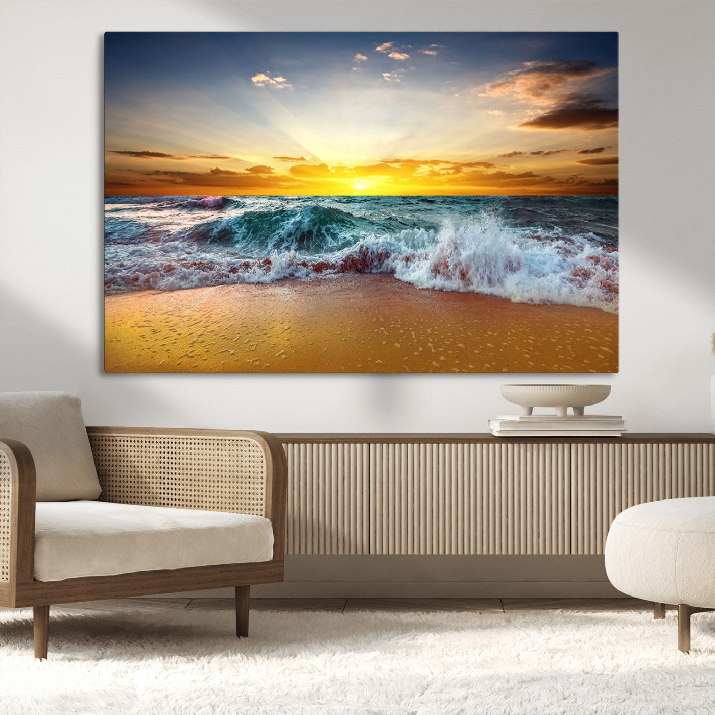 MGV-CV-36X24 - Golden Sunset Ocean Waves Wall Art Canvas Print – Multi Panel Beach Canvas Print Set – Large Coastal Triptych Print for Home or Farmhouse Decor