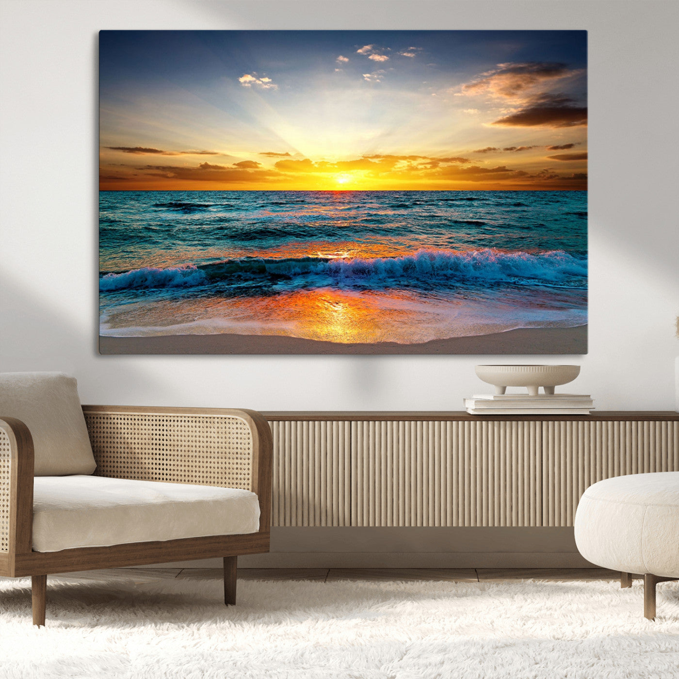 MGV-CV-36X24 - Vibrant Ocean Sunrise Over Golden Beach Waves, Giclee Canvas Wall Art Set, High-Quality Stretched Canvas Print, Ready to Hang Coastal Sunset Wall