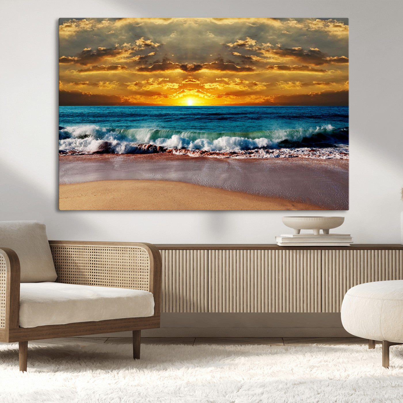 MGV-CV-36X24 - Ocean Sunrise Over Golden Beach Waves, Giclee Canvas Wall Art Set, High-Quality Stretched Canvas Print, Ready to Hang Coastal Sunset Wall Decor