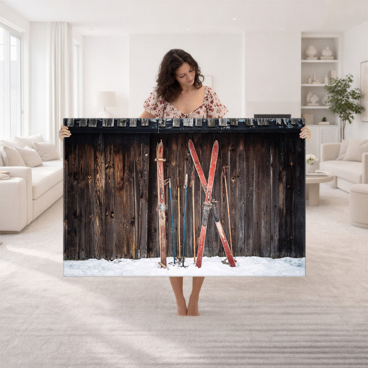 78590-MGV-CV-36X24 - Vintage Ski Gear Canvas Print, Vintage Ski Gear Against Wooden Cabin Wall
