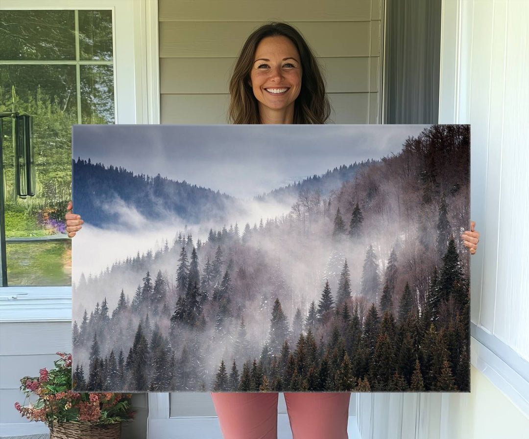 A museum-quality canvas of Beautiful Rising Fog in Winter Mountain Landscape hangs on the wall.