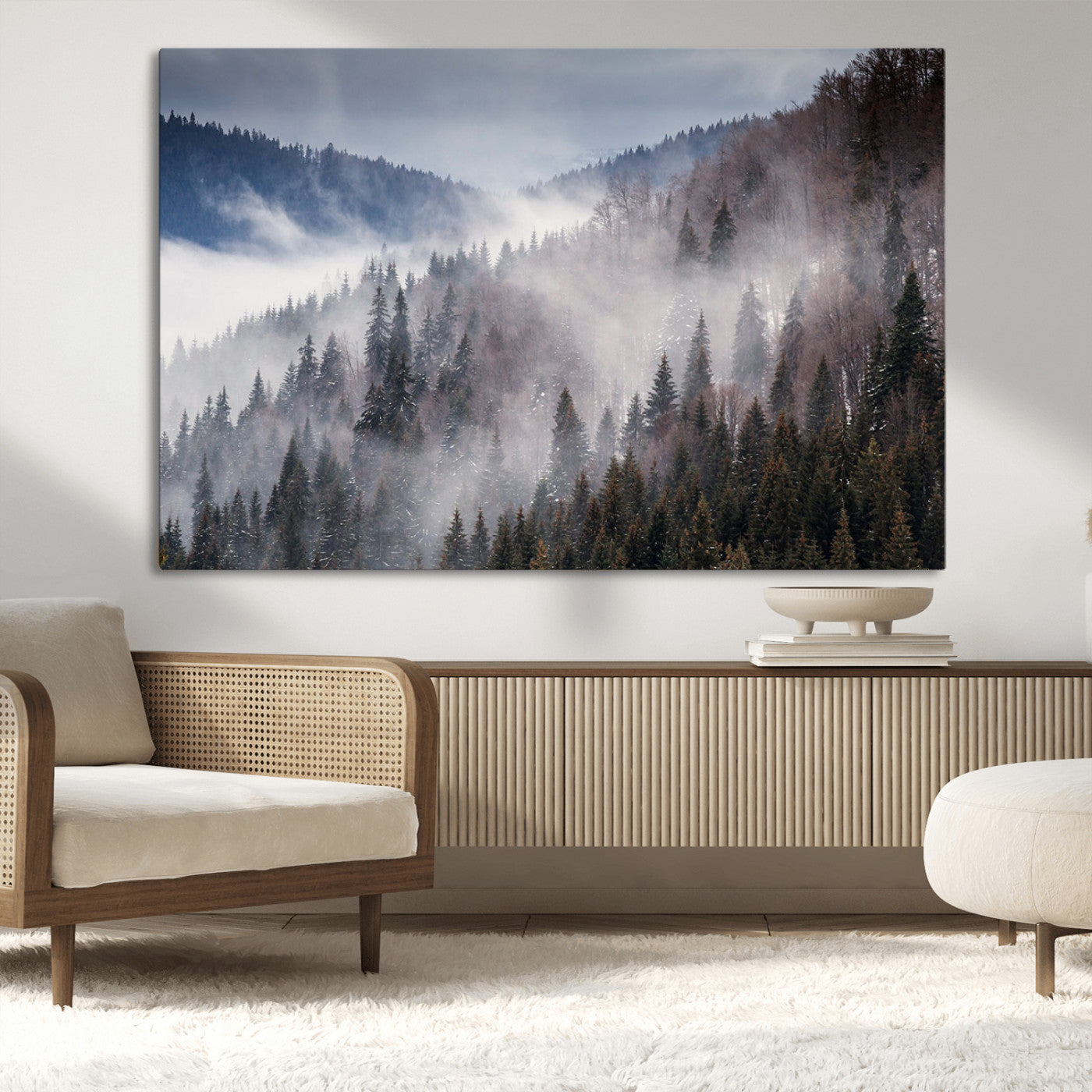 MGV-CV-36X24 - Beautiful Rising Fog in Winter Mountain Landscape - Framed Rising Fog in Winter Mountain Canvas
