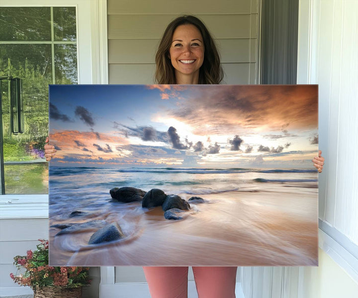 The Serene Weather On The Beach wall art canvas is ready to hang.