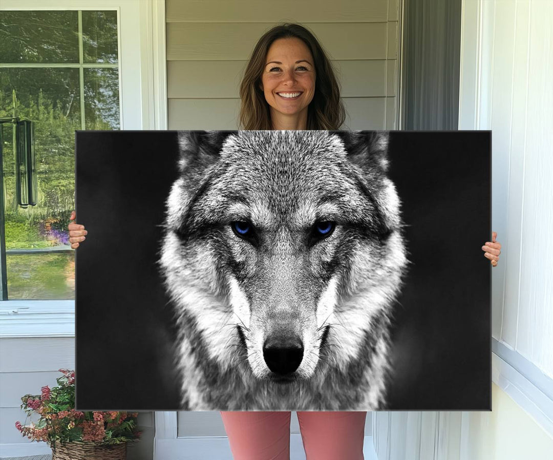 A ready-to-hang Black and White Wild Wolf Wall Art Canvas Print.