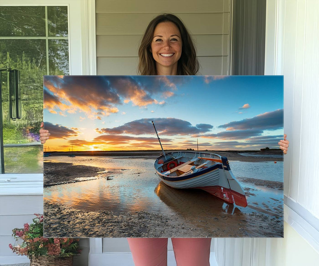 The Small Boat At The Beach Sunset wall art canvas print features UV coating, is museum-quality, and is ready to hang.