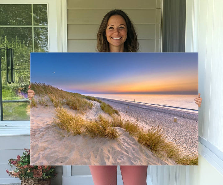 The cozy kitchen features the Sunrise On The Beach canvas art.